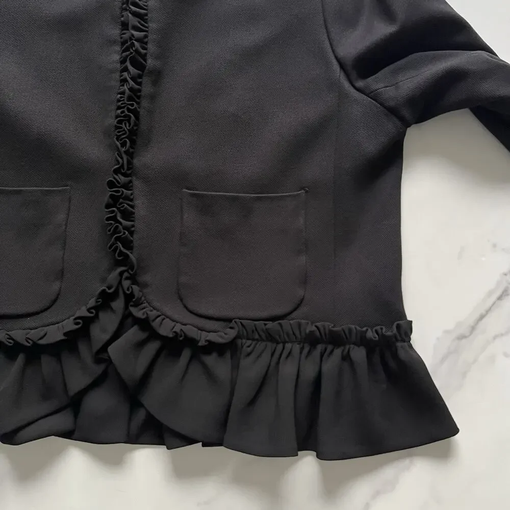 J.Crew Black Going Out Blazer with Ruffles Size 14 Cropped Preppy Chic Jacket